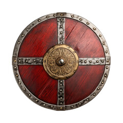 A beautifully crafted shield with intricate decorative details in wood and metal