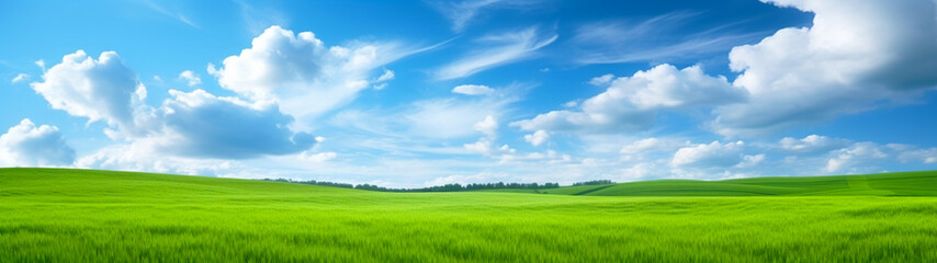 Fototapeta na wymiar Banner with green grass field and blue sky background. Beautiful nature landscape. Generative AI