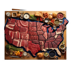 A map made entirely of different types of meat, representing the United States