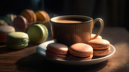 Obraz na płótnie Canvas Cup of coffee and french macarons, Natural sunlight, Bright color. Generative Ai