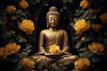 Fototapeta premium Buddha statue with yellow flowers on black background
