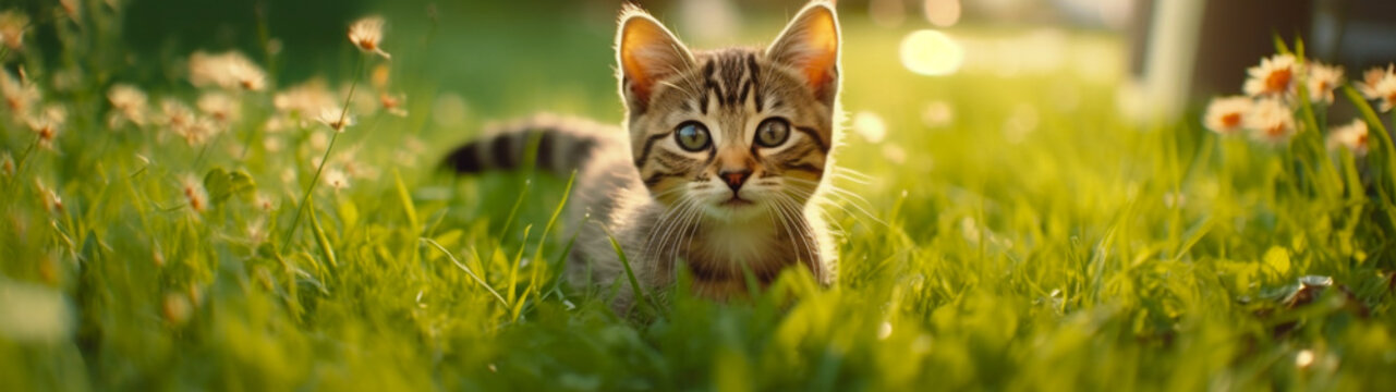 Banner with cute cat on green field background. Nature wallpaper. Generative AI