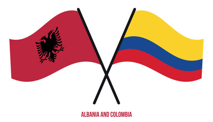 Albania and Colombia Flags Crossed And Waving Flat Style. Official Proportion. Correct Colors.