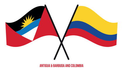Antigua & Barbuda and Colombia Flags Crossed & Waving Flat Style. Official Proportion. Correct Color
