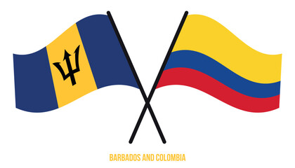 Barbados and Colombia Flags Crossed And Waving Flat Style. Official Proportion. Correct Colors.