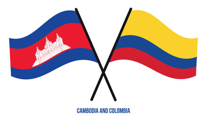 Cambodia and Colombia Flags Crossed And Waving Flat Style. Official Proportion. Correct Colors.