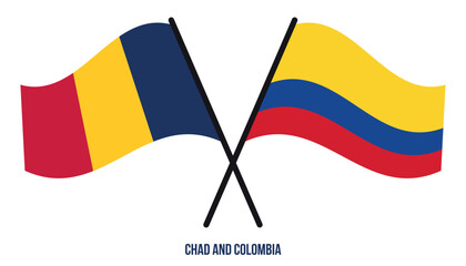 Chad and Colombia Flags Crossed And Waving Flat Style. Official Proportion. Correct Colors.