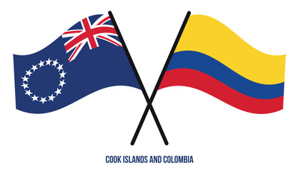 Cook Islands and Colombia Flags Crossed And Waving Flat Style. Official Proportion. Correct Colors.