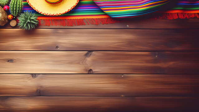Cinco de Mayo holiday background with Mexican cactus, sombrero hat on wooden surface, high angle view, neural network generated image