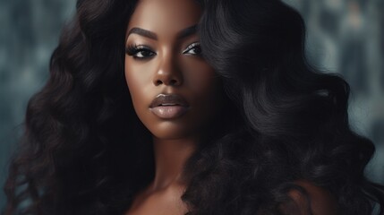 Beautiful ebony african model woman with long hairstyle. Care and beauty hair products. 