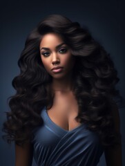 Beautiful ebony african model woman with long hairstyle. Care and beauty hair products. 