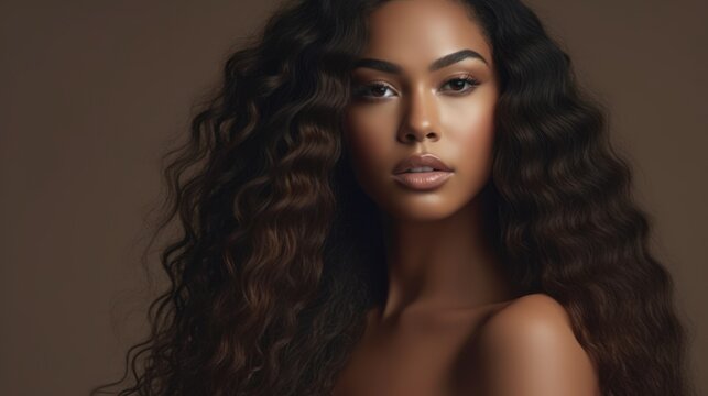 Beautiful ebony african model woman with long hairstyle. Care and beauty hair products.