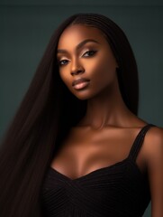 Fototapeta premium Beautiful ebony african model woman with long hairstyle. Care and beauty hair products.
