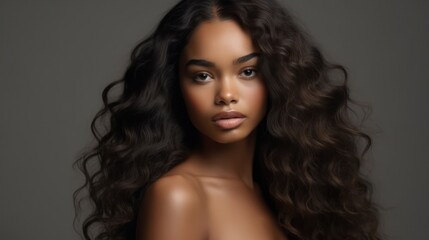 Naklejka premium Beautiful ebony african model woman with long hairstyle. Care and beauty hair products.