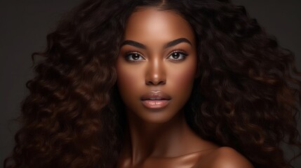 Beautiful ebony african model woman with long hairstyle. Care and beauty hair products.