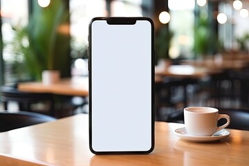 Mockup smartphone on a table in a cafe. Copy space. blank screen.
