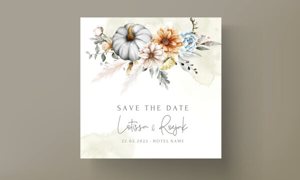 Vintage wedding invitation with beautiful flower and pumpkin