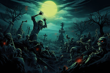 Obraz premium Zombies rising from the graveyard in halloween.illustration concept, Generative AI