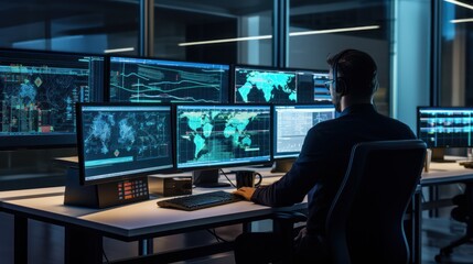 Obraz na płótnie Canvas Network operations center ( NOC) with technicians monitoring network traffic, troubleshooting issues, and ensuring network performance