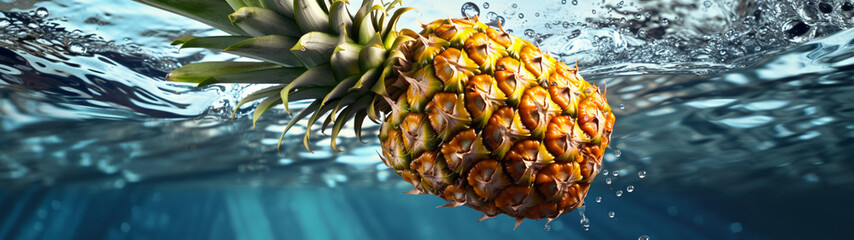 Fototapeta premium Banner with pineapple on water background. Generative AI