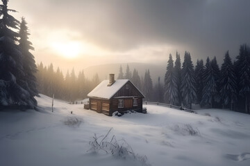 snow covered wooden house in mountains at winter sunrise, neural network generated image