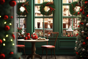 Christmas cafe interior with tree. Generative AI
