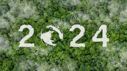 2024 New Year concept for Sustainable environment development goals on Top view of nature. SDGs,...