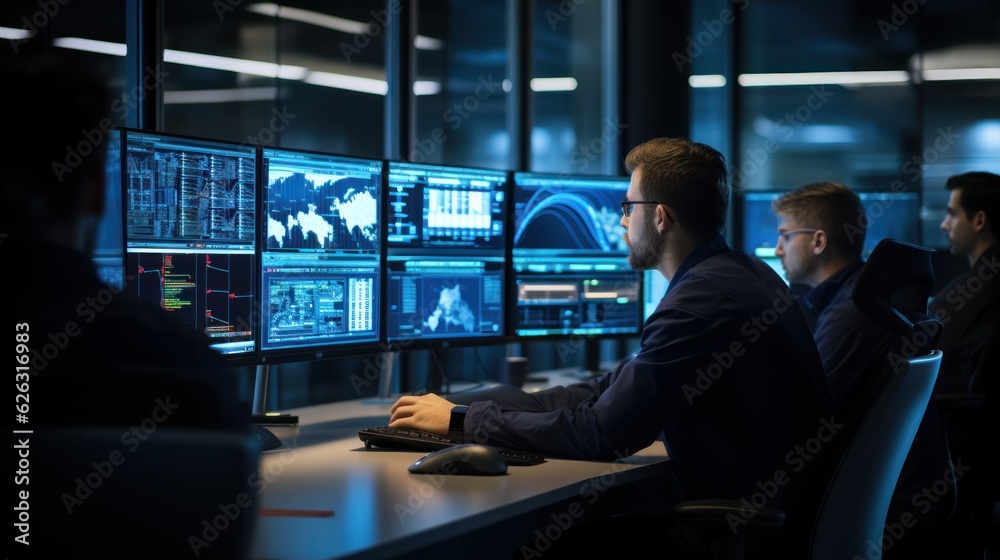 Sticker network operations center ( noc) with technicians monitoring network traffic, troubleshooting issues