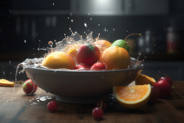 fresh fruit splashing in a bowl with cinematic light, neural network generated image