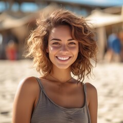 Happy Beautiful young woman is smiilng on the beach. 