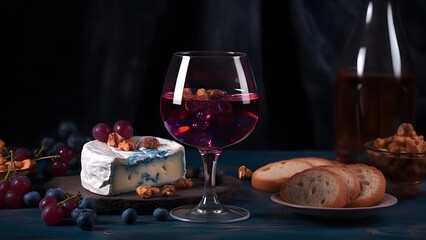 transparent glasses with red wine in front of grapes, cheese and bread, neural network generated image
