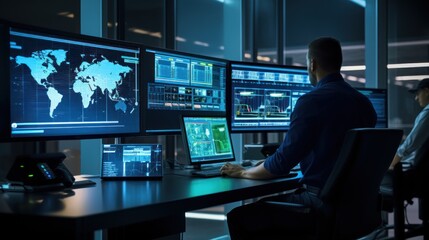 Network operations center ( NOC) with technicians monitoring network traffic, troubleshooting issues, and ensuring network performance