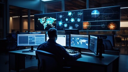 Network operations center ( NOC) with technicians monitoring network traffic, troubleshooting issues, and ensuring network performance