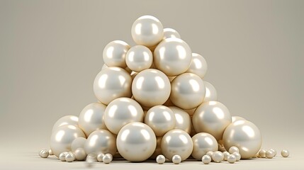 Pyramid made of white and golden spheres on gray background. 3D render illustration