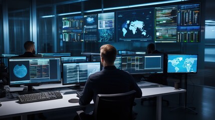 Network operations center ( NOC) with technicians monitoring network traffic, troubleshooting issues, and ensuring network performance