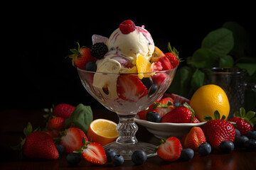 icecream with fresh fruits in a glass bowl, rich high contrast photorealistic neural network generated image