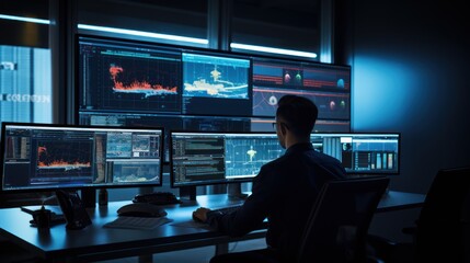 Fototapeta premium Network operations center ( NOC) with technicians monitoring network traffic, troubleshooting issues, and ensuring network performance