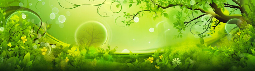 Banner with green natural background, border, postcard, card. Plants and leaves, organic texture. Copy space. Generative AI