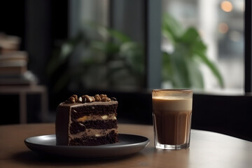 chocolate cake with glass cup of coffee on cafe table, neural network generated image