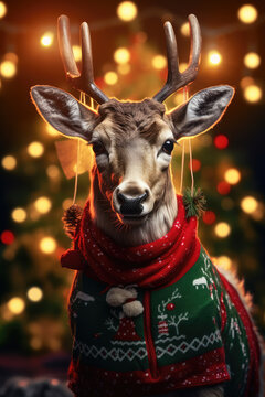 Deer in Christmas sweater. Generative AI