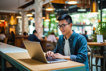 Asian man working on a laptop computer in a busy cafe in the city, a portrait of a successful man