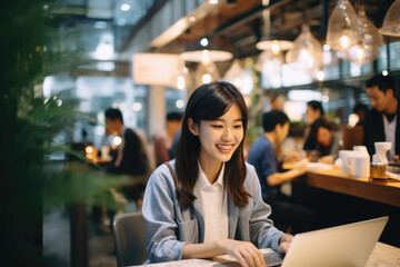 Portrait of a Asian woman working on a laptop computer in a busy cafe in the city