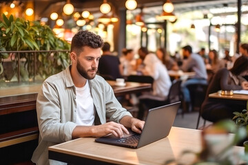 Obraz premium Portrait of a caucasian man working on a laptop computer in a busy cafe