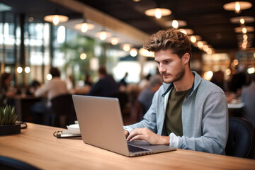 Portrait of a caucasian man working on a laptop computer in a busy cafe