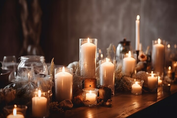 Stylish wedding table decorated with candles and flowers, neural network generated image