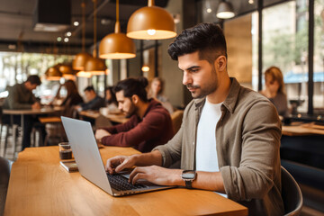 Portrait of a Hispanic man working on a laptop computer in a busy cafe