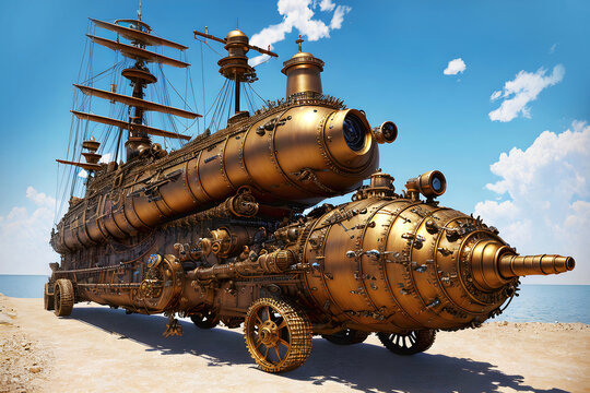 A huge steampunk war machine fantastic vehicle, retro technology illustration. Generative Ai.