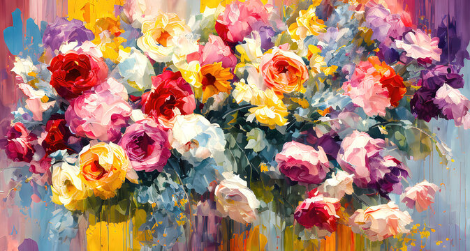 Flowers background with multicolored bouquet of summer flowers oil painting. Generative Ai.