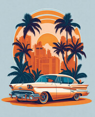 Retro car with palms flat sticker illustration, t-shirt graphic design.