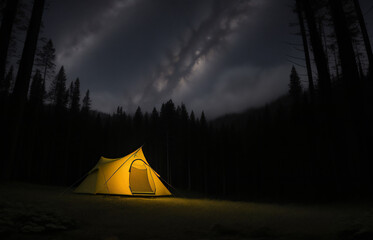 Tourist tent in the night forest, generative AI